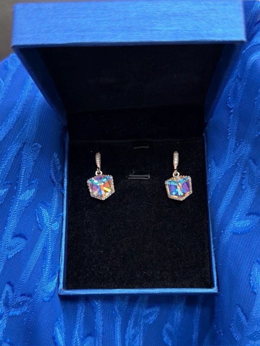 Aurora Borealis Austrian Crystal Cube Drop Earrings (New in box)